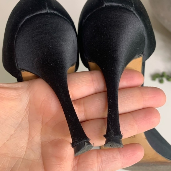 Vintage PRADA Italy black satin belt knot open toe Stiletto heels shoe 6.5 size - Picture 6 of 14